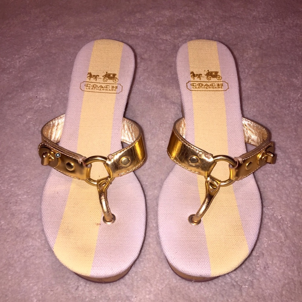 Coach Metallic Gold Leather Thong Sandals - Women's
